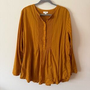 J. Jill 3/4 Button Long Sleeve Scoop Neck Pintuck Dobby Dot Cotton Tunic Top